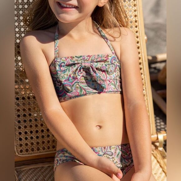 PQ Swim Kids Pink Shimmer Multi Paisley Coast Asha Bow Bikini Set - Picture 1 of 10